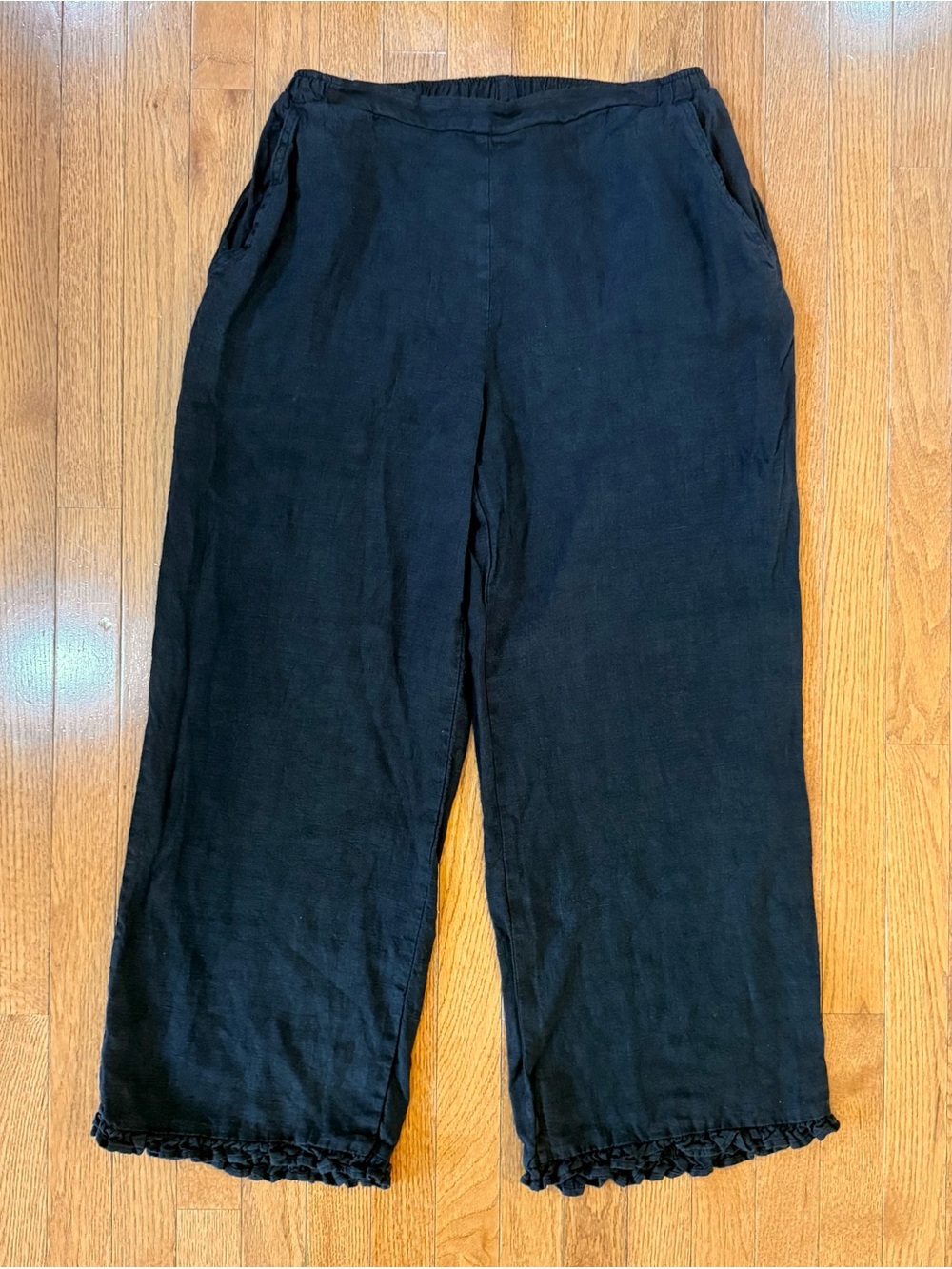 Match Point Womens Medium 100% Linen Wide Leg Pants Ruffle Hem Cropped Pockets